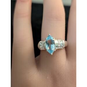 Marquis Blue Topaz & East to West Baguette CZs 925 Sterling Silver Ring Sz 6.75